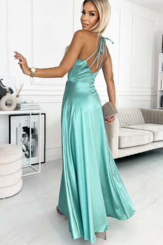 Satin fabric formal gown in pistachio green