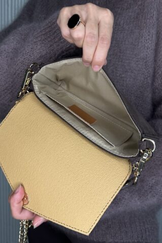 Naturaalsest seemisnahast pruun käekott kuldse ketirihmaga