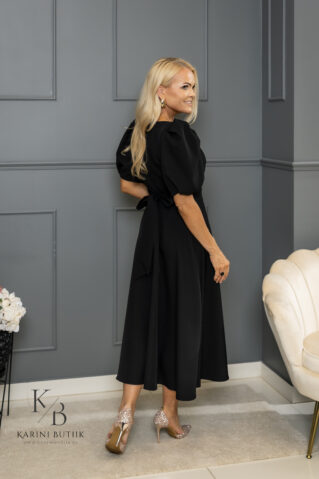 Платье-миди с короткими рукавами-буферами и v-образным вырезом