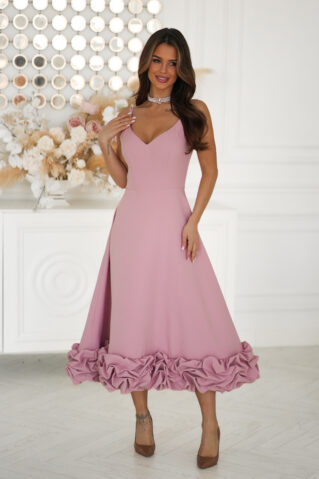 Vanaroosa naiselik midi kleit V-kaeluse ja volangäärisega