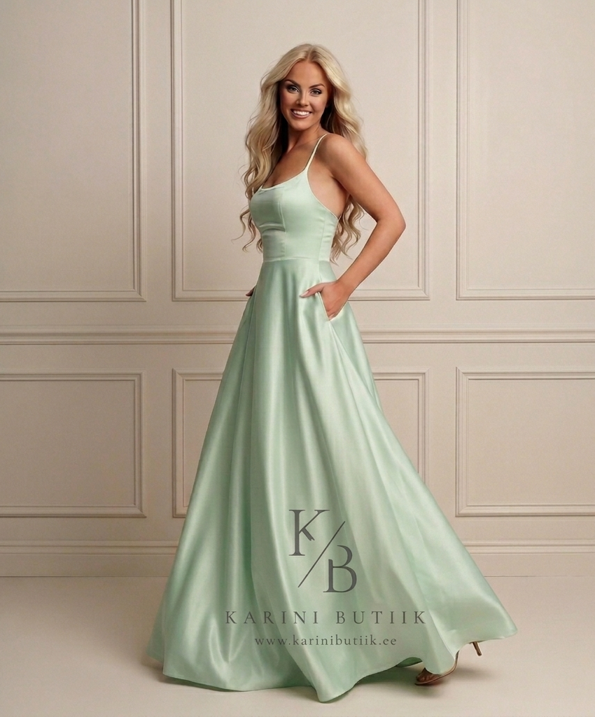 Korseti lõikega ja taskutega mint toonis maksikleit