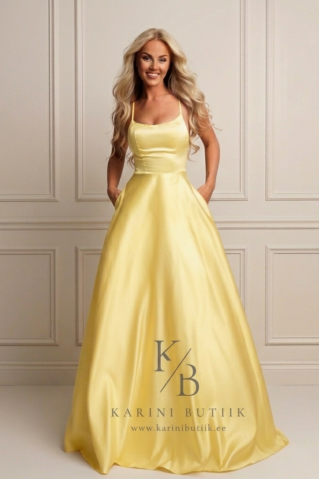 Korseti lõikega ja taskutega kollane maksikleit