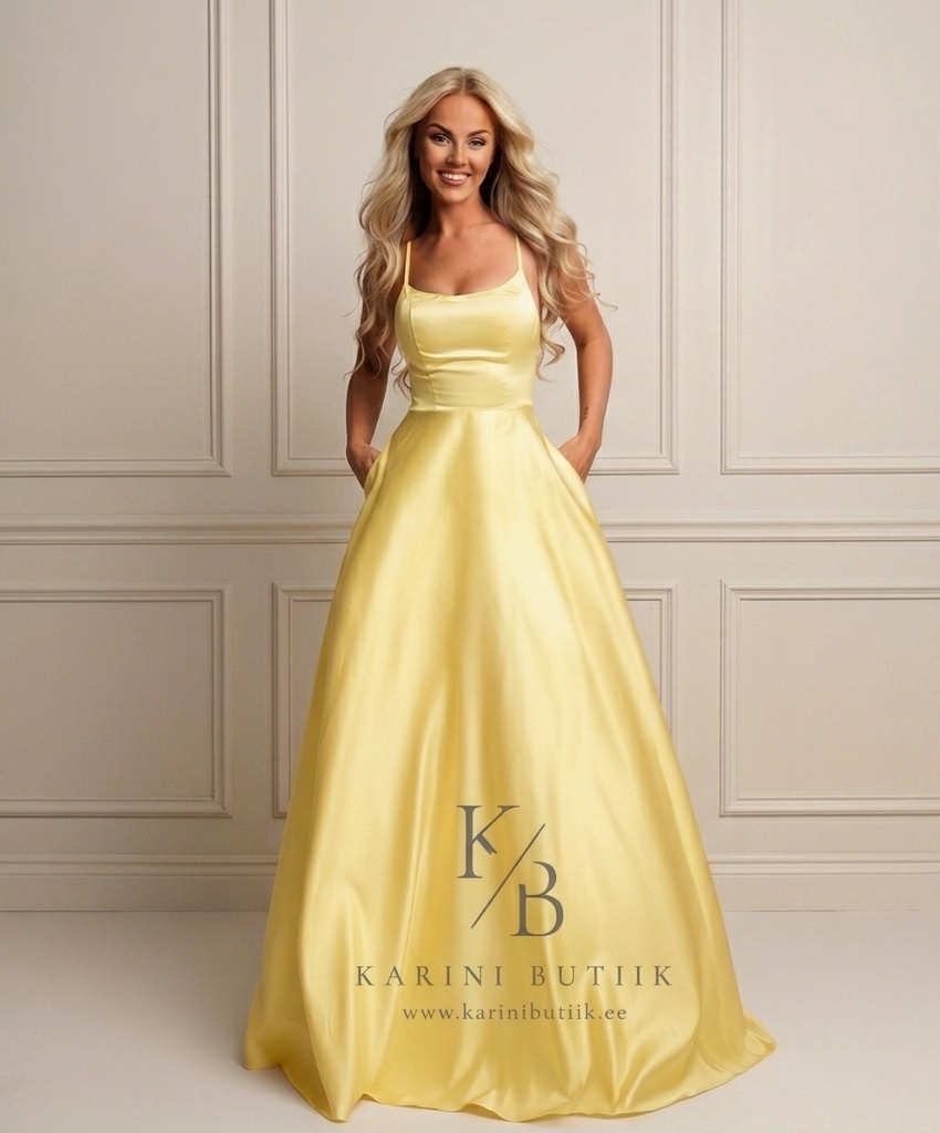 Korseti lõikega ja taskutega kollane maksikleit