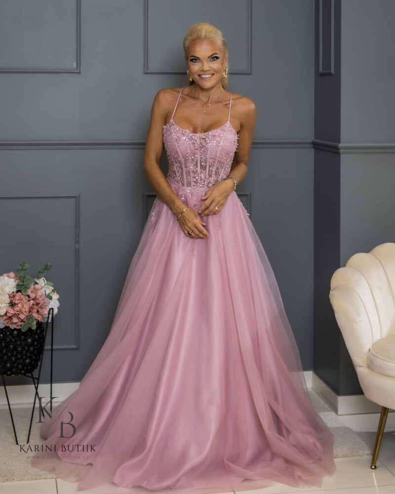 Roosa tüllist korsettpaelte ja tüllvarrukatega ballikleit Wanhat 2027 peole