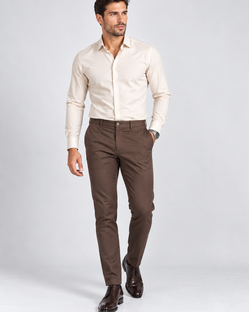 Taupe meeste Slim Fit püksid eestvaates – Karini Butiik